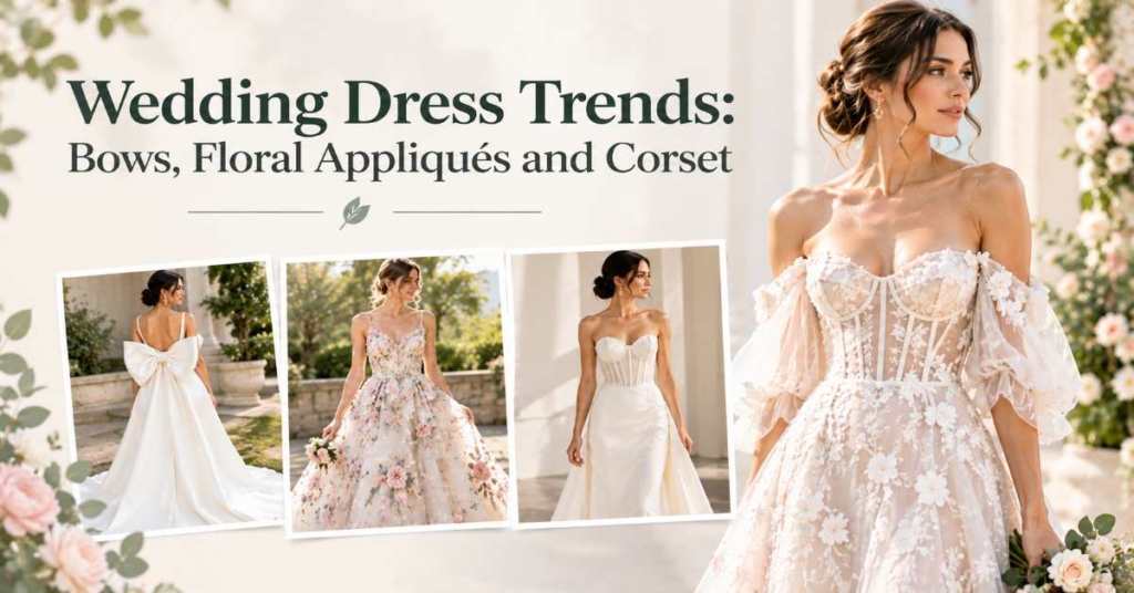 Wedding Dress Trends, Bows, Floral Appliqués and Corset